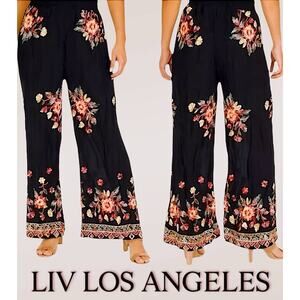 LIV Los Angeles Embroidered Wide Leg Pants Black Floral Boho Festival Rayon Sz S